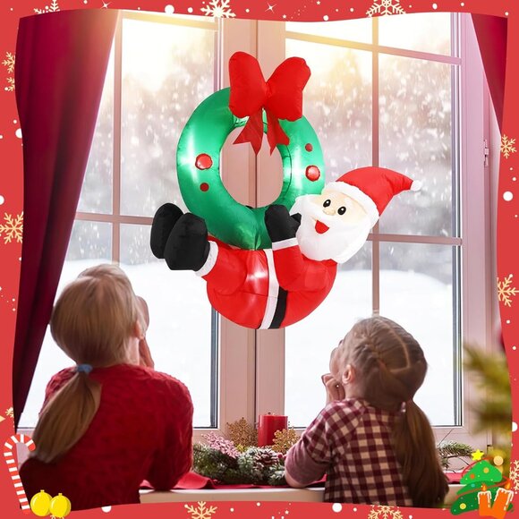 Hanging Christmas Inflatable Santa with Wreath and Lights for Door or Yard - Picture 2 of 7